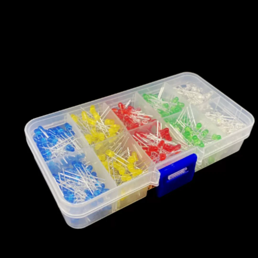 F3mm Red, Blue, Yellow, Green and White Through-hole LED Beads, 5 colors with 100 pieces per color, 500 pieces per box in total