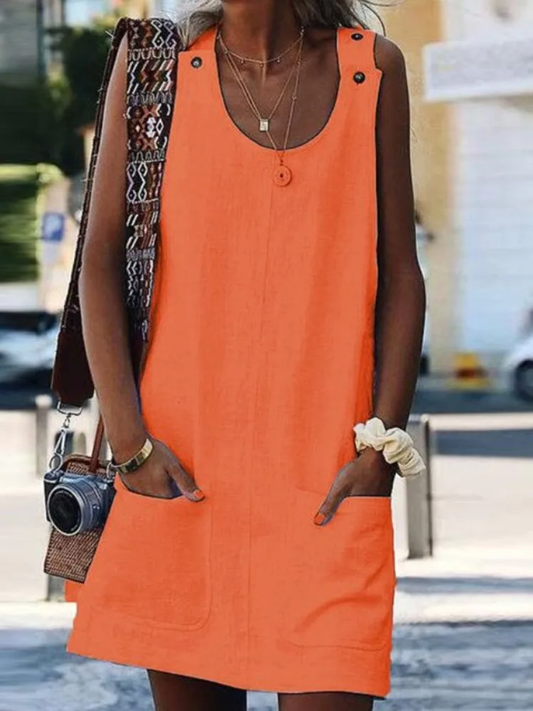 

New Summer Women's Pocket Button Strap Women's Dress 2025 Fashionable Casual Loose Round Neck Solid Color Dress Females