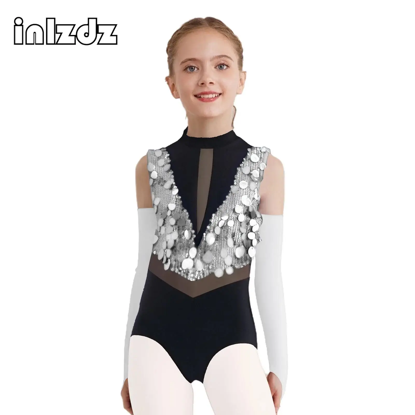 

Sparkling Sequins Jazz Latin Dance Leotard for Girls Kids Gymnastics Performance Outfit Sleeveless Leotard+Gloves Dancewear Sets