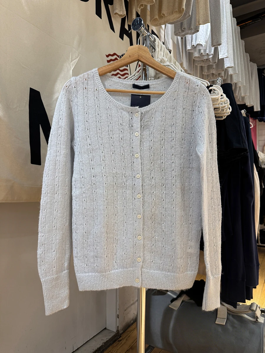Light Blue Eyelet Thin Cardigan T-shirt Women Autumn New Scoop Neck Single Breasted Tees Sweet Casual Knitted Long Sleeve Tops view 2