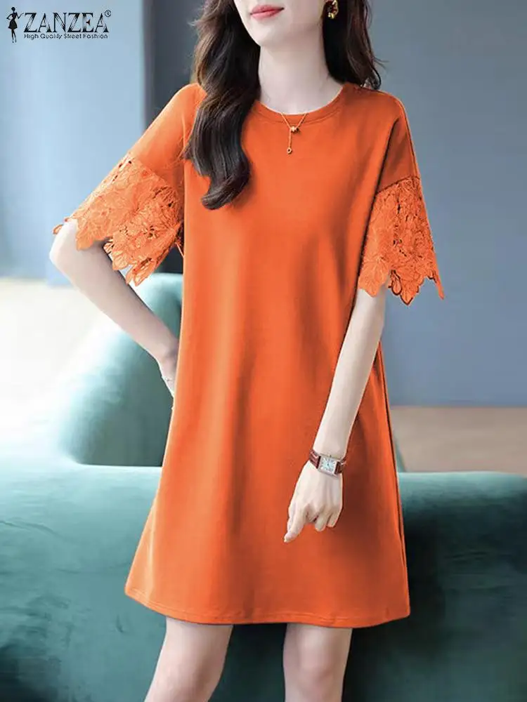 

ZANZEA Summer Lace Short Sleeve Dress Women Casual Loose Solid Color Mini Vestidos 2024 O-neck Straight Sundress Vintage Robes