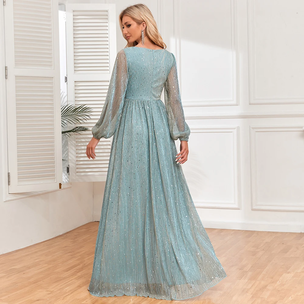 Hot Sale Long Sleeved  Evening Dresses V-Neck Pressed Pleat Shiny Long Party Gown Elegant A-Line Sequin Formal Dress