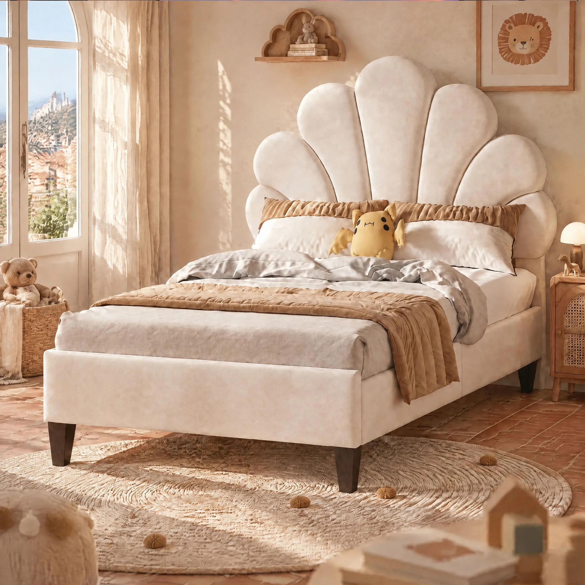 Superaly, struttura per letto singolo imbottita, dimensioni 90x200 cm, letto per bambini, testiera imbottita a forma di petalo, letto con struttura a piattaforma, base letto con doghe in legno,