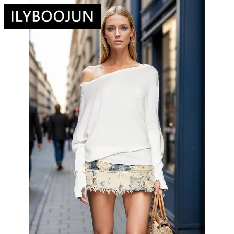 

ILYBOOJUN Slimming Minimalist T Shirts For Women Slash Neck Off Shoulder Long Sleeve Elegant Tunic Temperament T Shirt Female