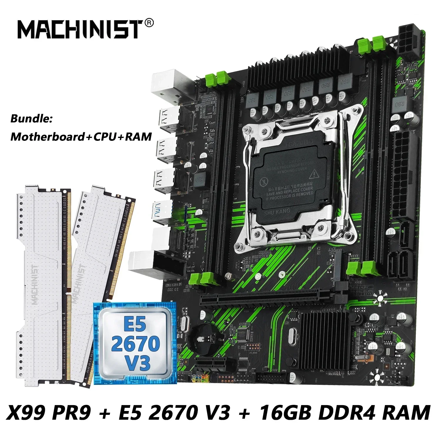 MACHINIST X99 PR9 X99 Moederbordkit LGA 2011-3 Xeon E5 2670 V3 CPU Set DDR4 8GB * 2 stuks 2133MHz ondersteuning NVME m.2 USB3.0 SATA 3.0