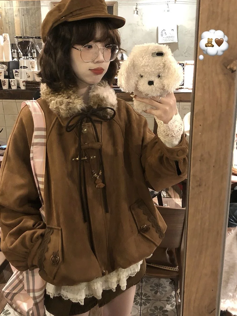 

Vintage Thiened Fluffy Collar Knot Deer Skin Velvet Cotton Jaet Women Winter Warm Outerwear Loose Fit Coat