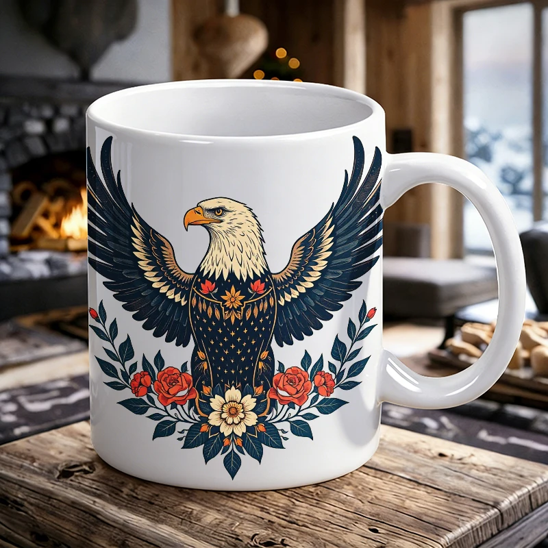 

American Traditional Bald Eagle Ceramic Mug Tattoo Style Floral Patriotic Coffee Cup, milk cup, office tea cup, gift for friends