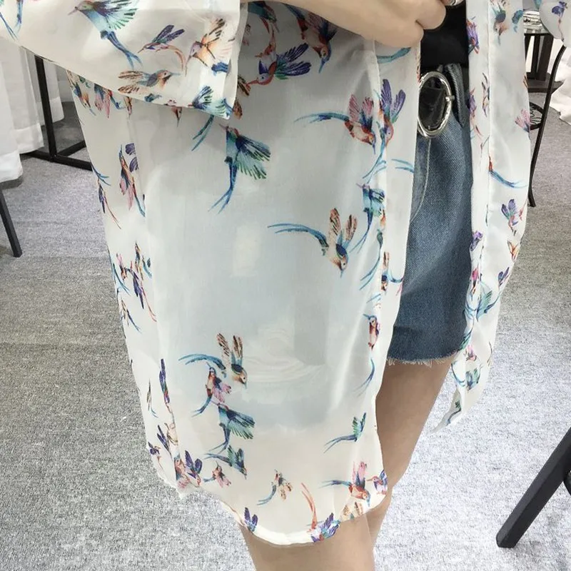 Summer Spring Women\'s Casual Long Sleeve Cardigan Chiffon Birds Printed Long Loose Shirt Blouse