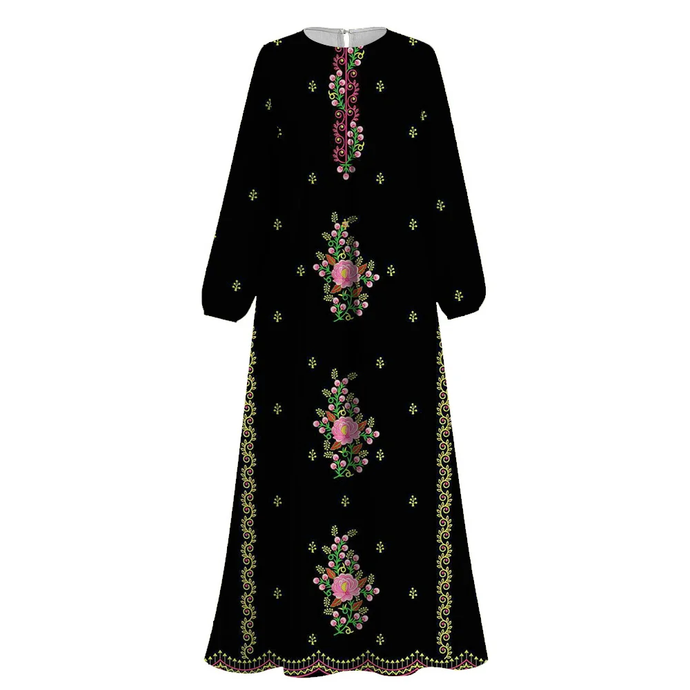 2024 Demure Muslim Women\'s Print Abayas Ramadan Ethnic Clothing Female Islam Abaya Round Neck Dubai Turkey Robe African Dresses