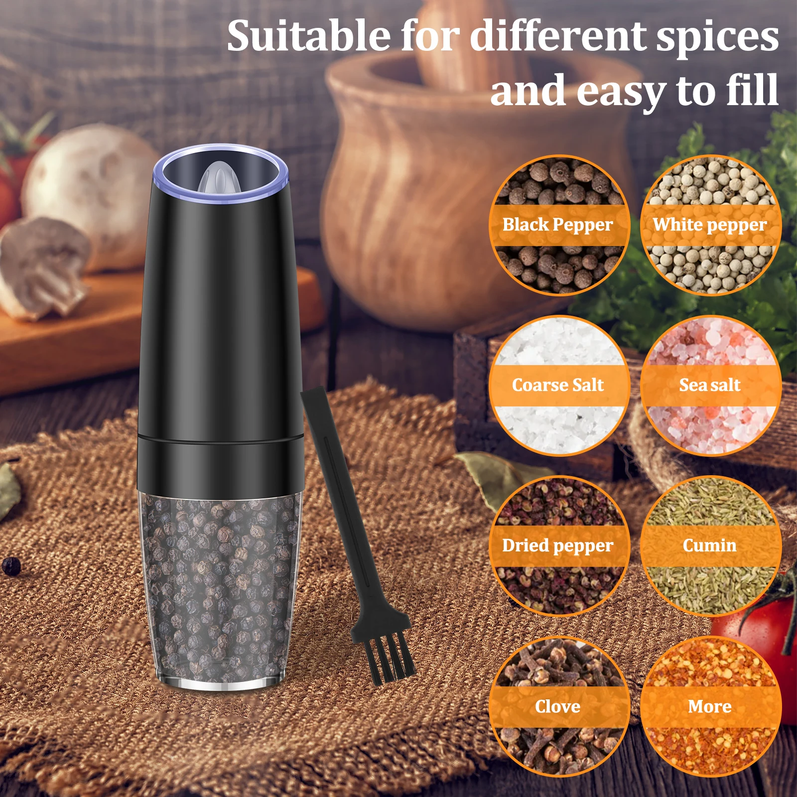 Sea Salt and Pepper Grinder Glass Salt and Pepper Shakers Stainless Steel Kitchen Electric Automatic Pepper Mill Salt Grinder
