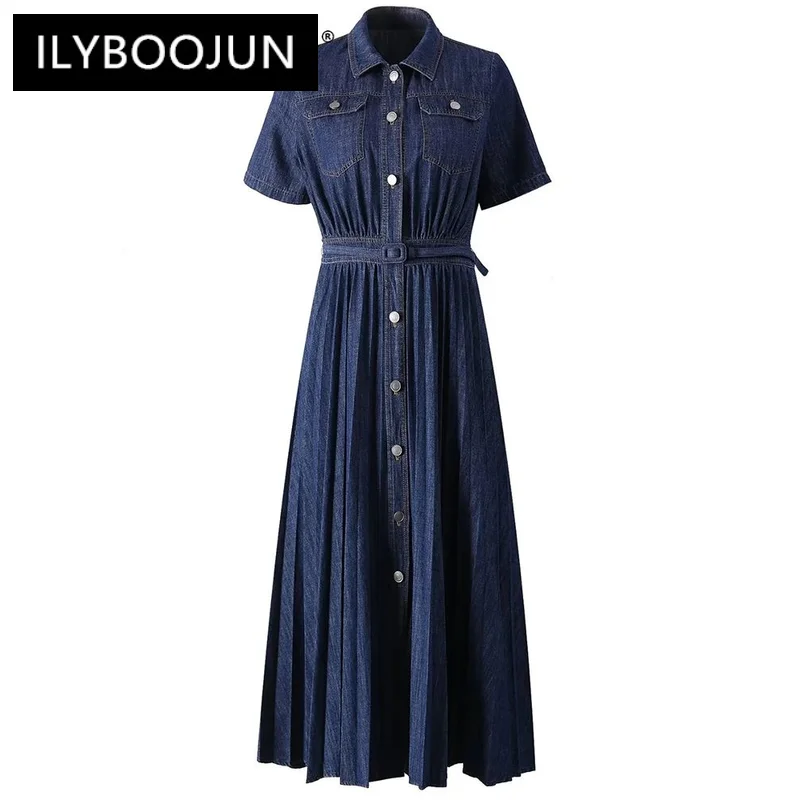 

ILYBOOJUN Fashion Autumn Cotton Denim Dress Women's Turn-down Collar Short Sleeves Sashes Office Lady Single Breasted Dresses