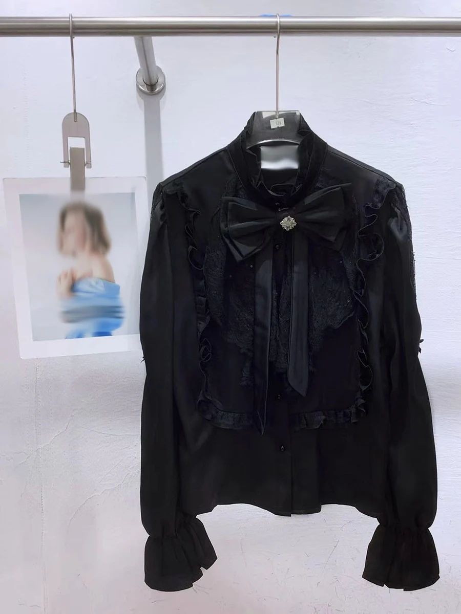 GALCAUR الصلبة تقسم الفطريات شيك قميص الإناث الوقوف طوق كم طويل فضفاض أنيق فاخر المرأة قمصان الخريف الاسلوب المناسب