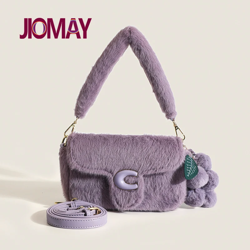 JIOMAY Women Makeup Bag Fashion Handbag Faux Fur Wallets Luxury Designer Handbags Two Detachable Strap Versatile Party Tote Bag