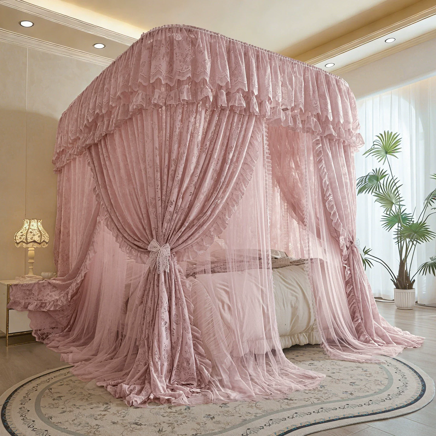 U Type Double Layers LaceMosquito Net Princess Luxury Jacquard Three-door Bed Curtain Tent for Home with Frame