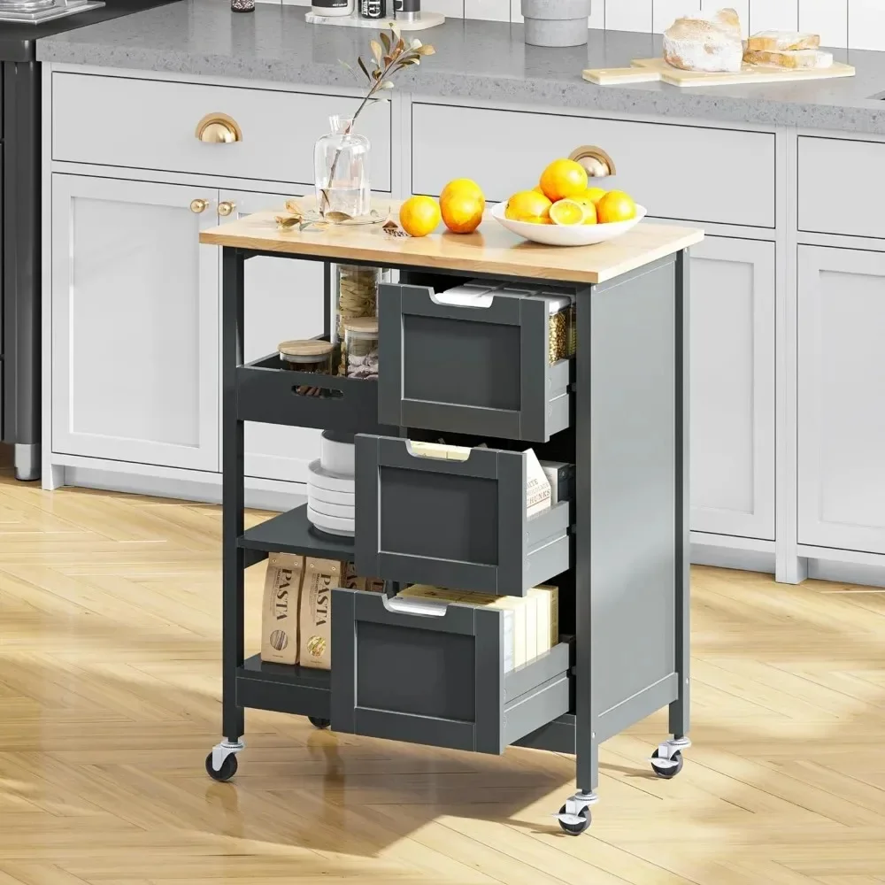 Small Solid Wood Top Kitchen Island Cart on Wheels with Storage, Rolling Portable Dining Room Serving Utility Carts，Oak & Gray