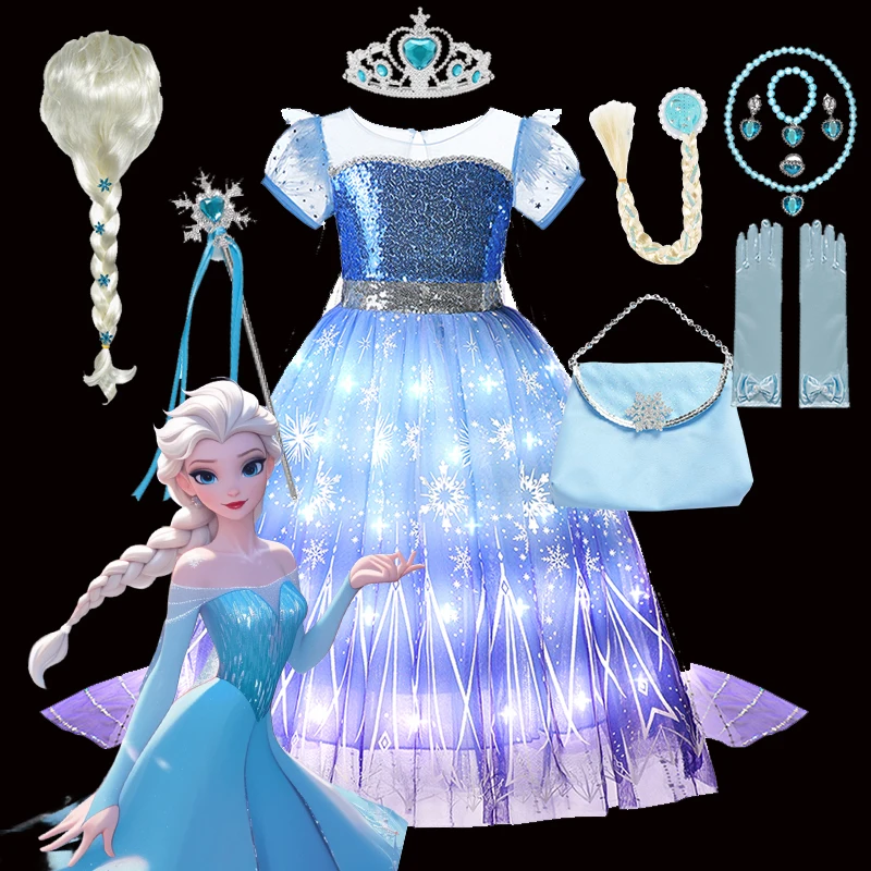 LED Light Up Girls Disney Frozen Elsa Cosplay Dresses Kids Halloween Carnival Apparel Birthday Elsa Princess Glowing Vestidos