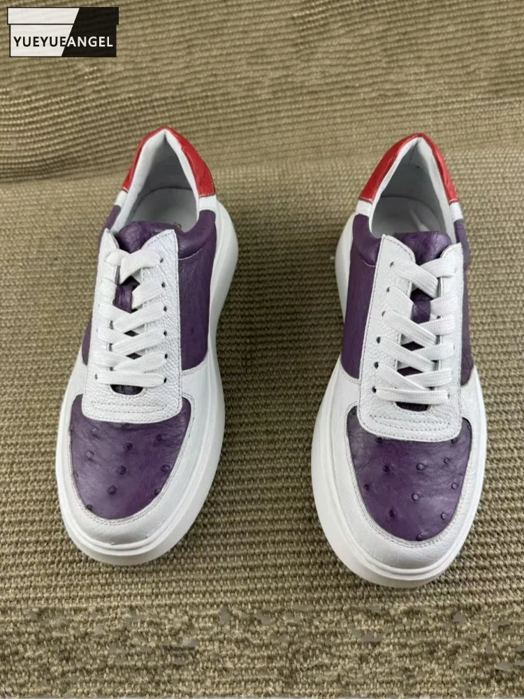 Mens Spring Genuine Leather Lace Up Business Casual Versatile Color Block Flat Bottomed Ostrich Leather Shoes Outdoor Sneakers