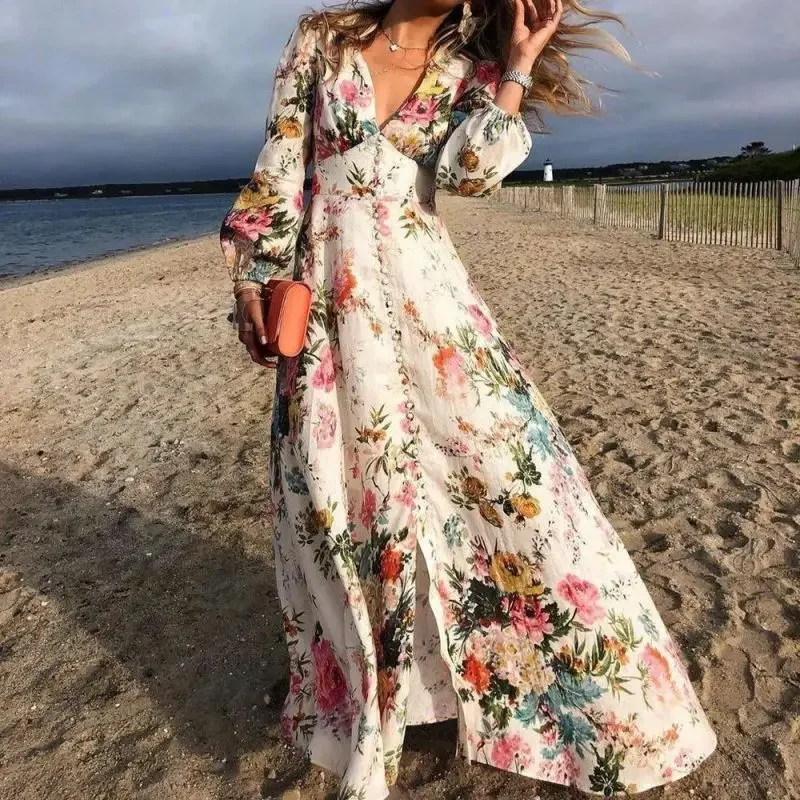 

Women Romantic Dress Floral Print Deep V-neck Sexy Female Party Big Swing Long Sleeve Slim Epmire Spring Summer Bohemian Cloth