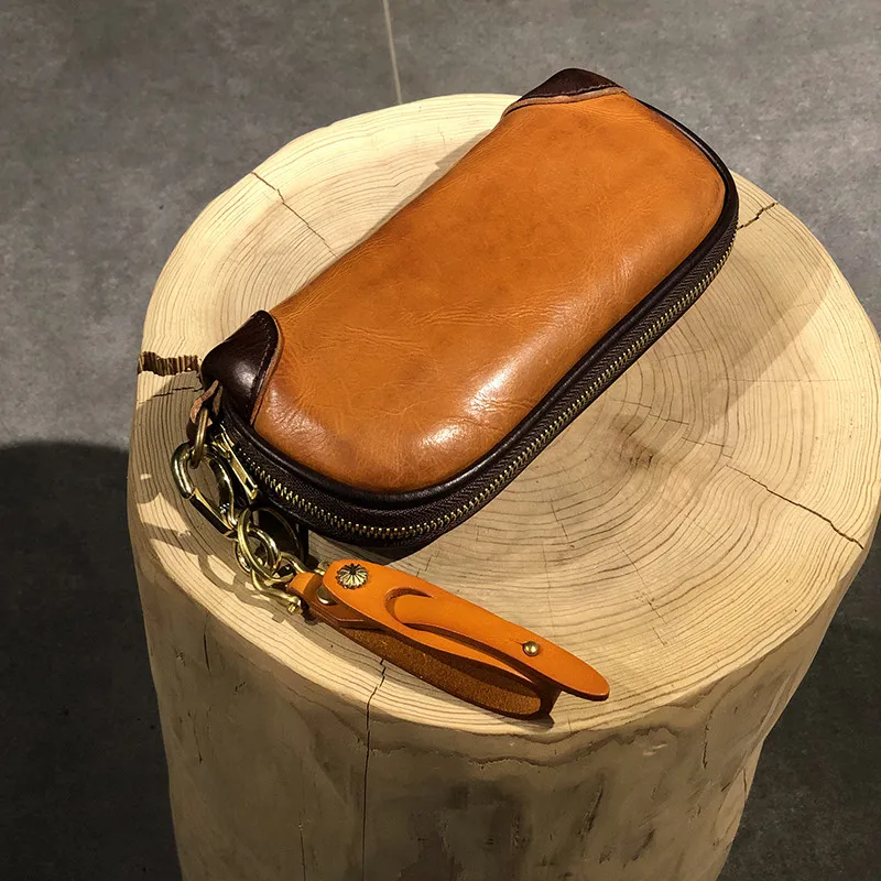 Vintage handmade luxury genuine leather men clutch bag casual designer high quality real cowhide phone card holder wallet Women