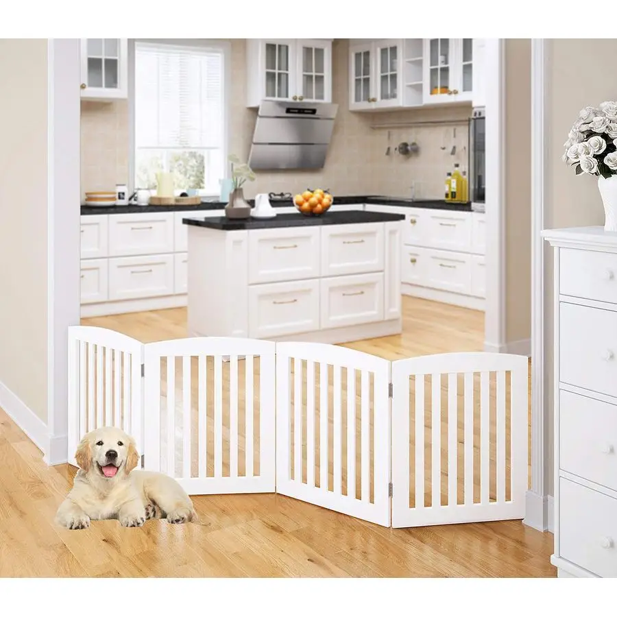 

Wooden Freestanding Foldable Pet Gate for Dogs, 24 inch 4 Panels Step Over Fence, Dog Gate for The House, Doorway, Stairs, Extra