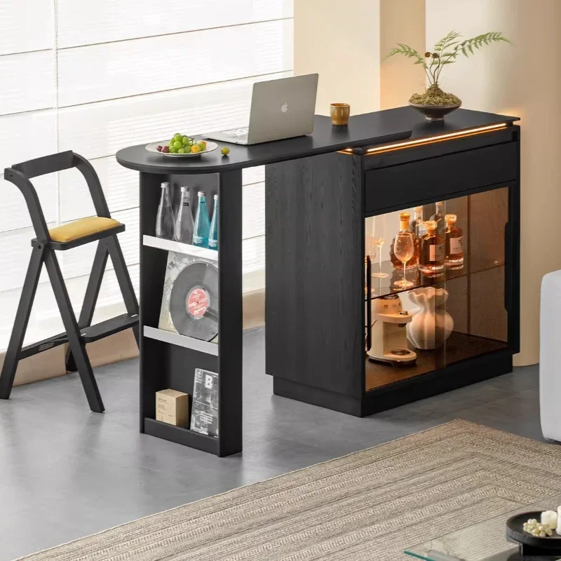 Bar Solid wood telescopic bar table Black dining side cabinet Storage cabinet Multifunctional partition side cabinet