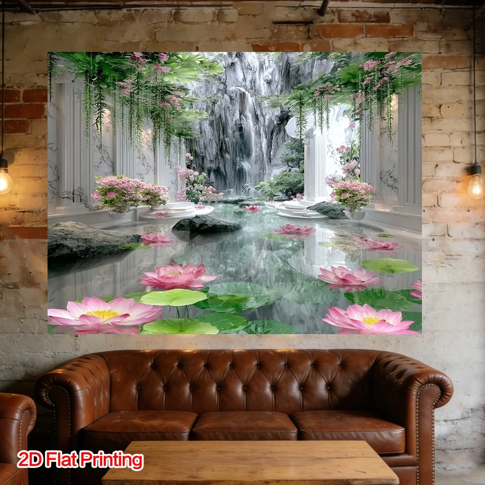 Waterfall Garden Mural Tapestry Curtain Polyester Lotus Floral Home Decor Bathroom Living Room Art Print