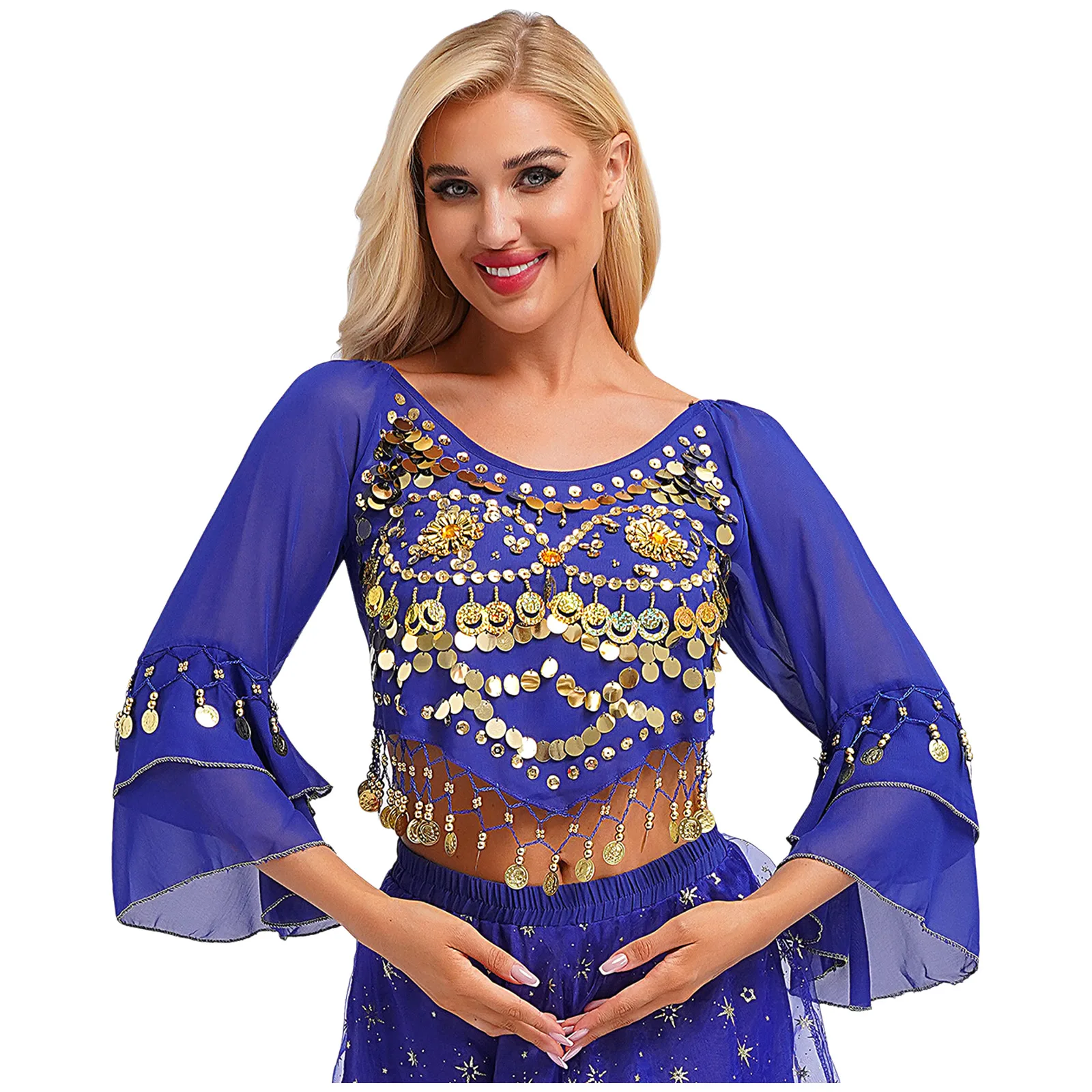 Womens Indian Belly Dance Performance Tops Dancewear Flare Sleeve Lace-up Back Irregular Hem Sequins Crop Top Bellywood Costume