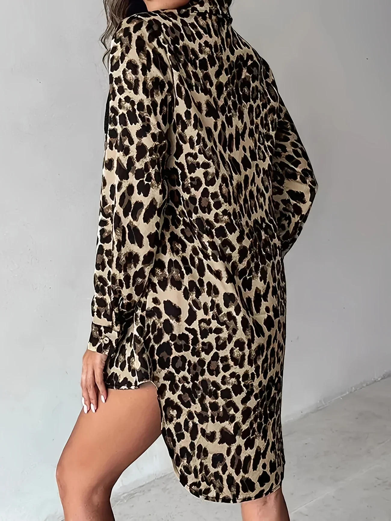 เดรสเชิ้ตแฟชั่นผู้หญิงไซส์ใหญ่ 1XL-5XL แขนยาว ลายเสือดาว แต่งระบายชายกระโปรง