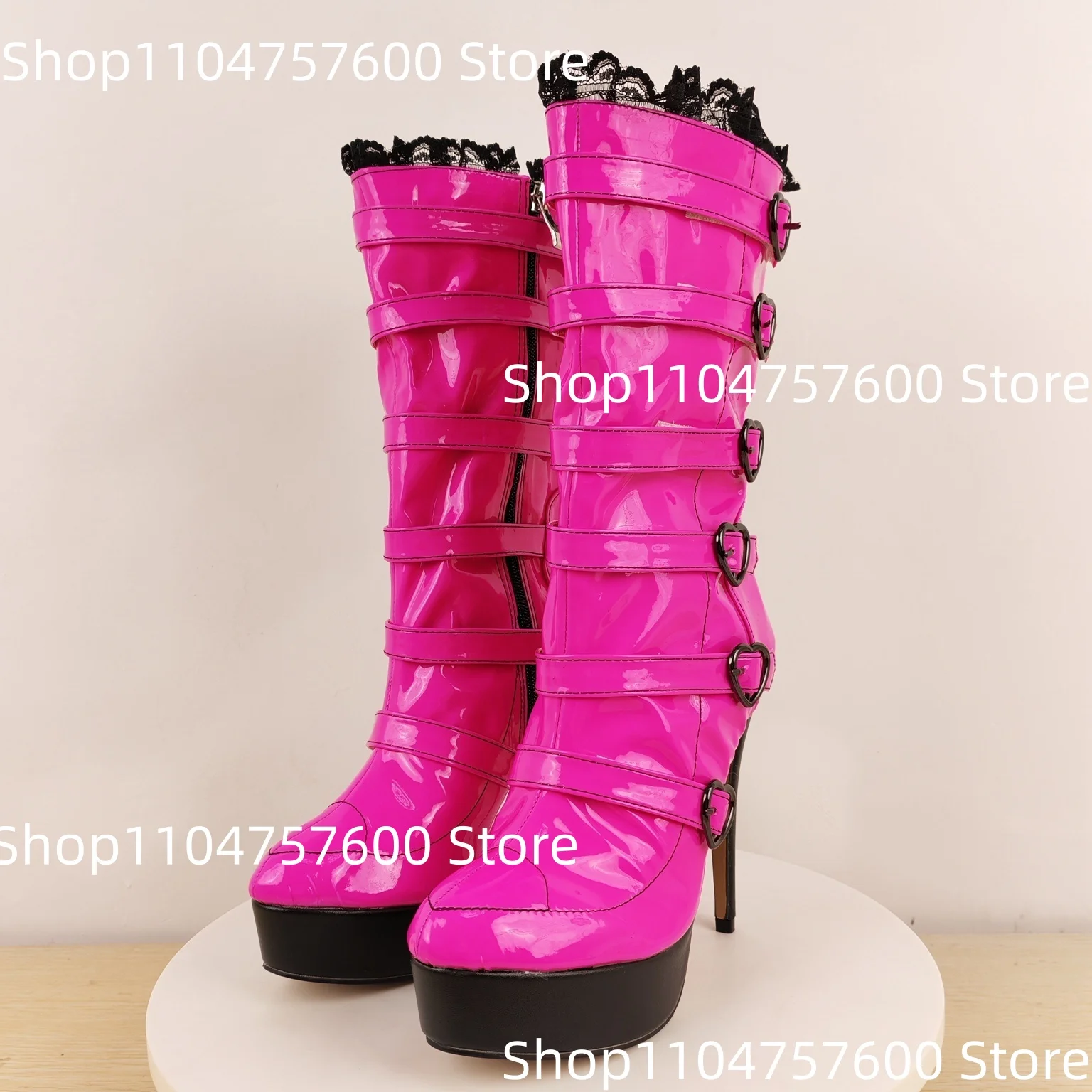 

Women's Rose Red Short Boots Round Toe Thick Sole High Heel Heart Metal Belt Buckle Lace Stitching Ladies Stage Sweet Short Boot