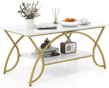 Image Marble Coffee Table, 2-Tier Modern Faux Marble Accent Table with Storage and Gold Finished Metal Frame