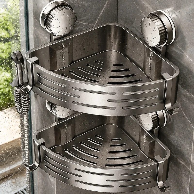 Durable triangular corner hook rack for bathroom storage, easy no-drill setup, space-saving organizer