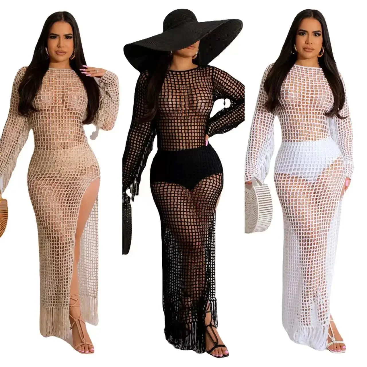 Hot Sexy Womens Maxi Dress Crochet Tassel Long Sleeve Hollow Out Knit Side Slit Bodycon Pencil Beach Dress 2024 Black Robes