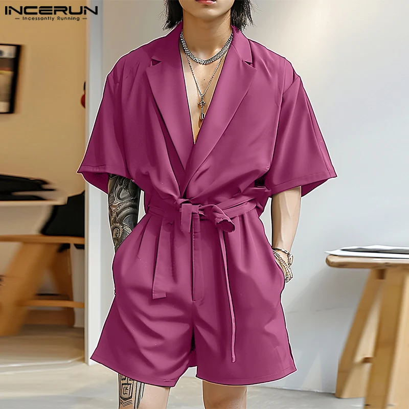 

INCERUN 2024 Korean Style Jumpsuits Fashion Mens Suit Collar Design Jumpsuits Casual Solid All-match Short Sleeved Rompers S-5XL