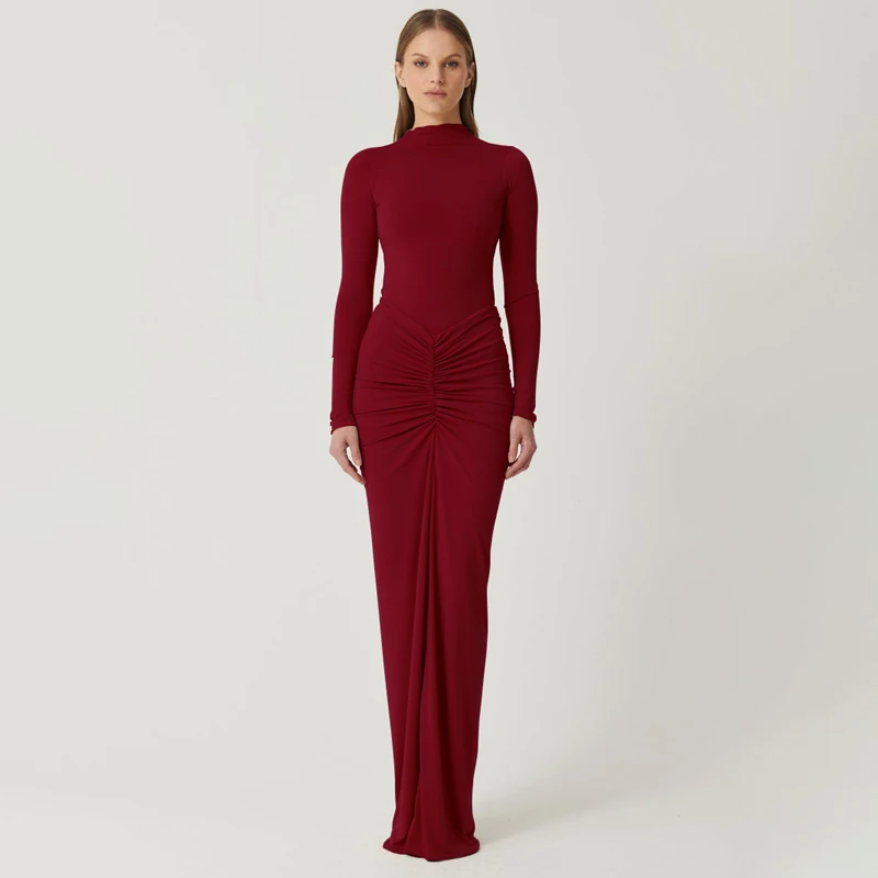 Y2k High Neck Pleated Long Dress Women's Sexy Pullover Solid Color Long Dress Elegant Long Sleeve High Waist Evening Dress New