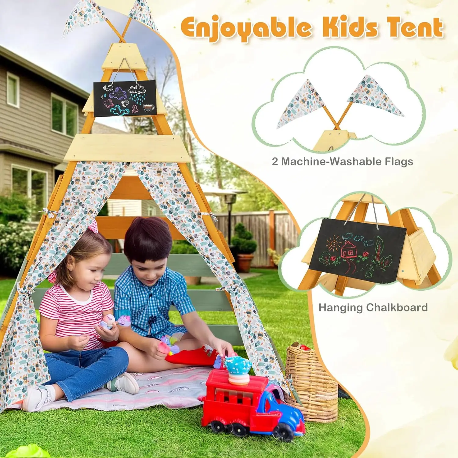 Barraca de tenda para crianças, barraca grande de brincar para crianças com estrutura de madeira de abeto, quadro removível e bandeiras, barraca interna e externa para crianças pequenas