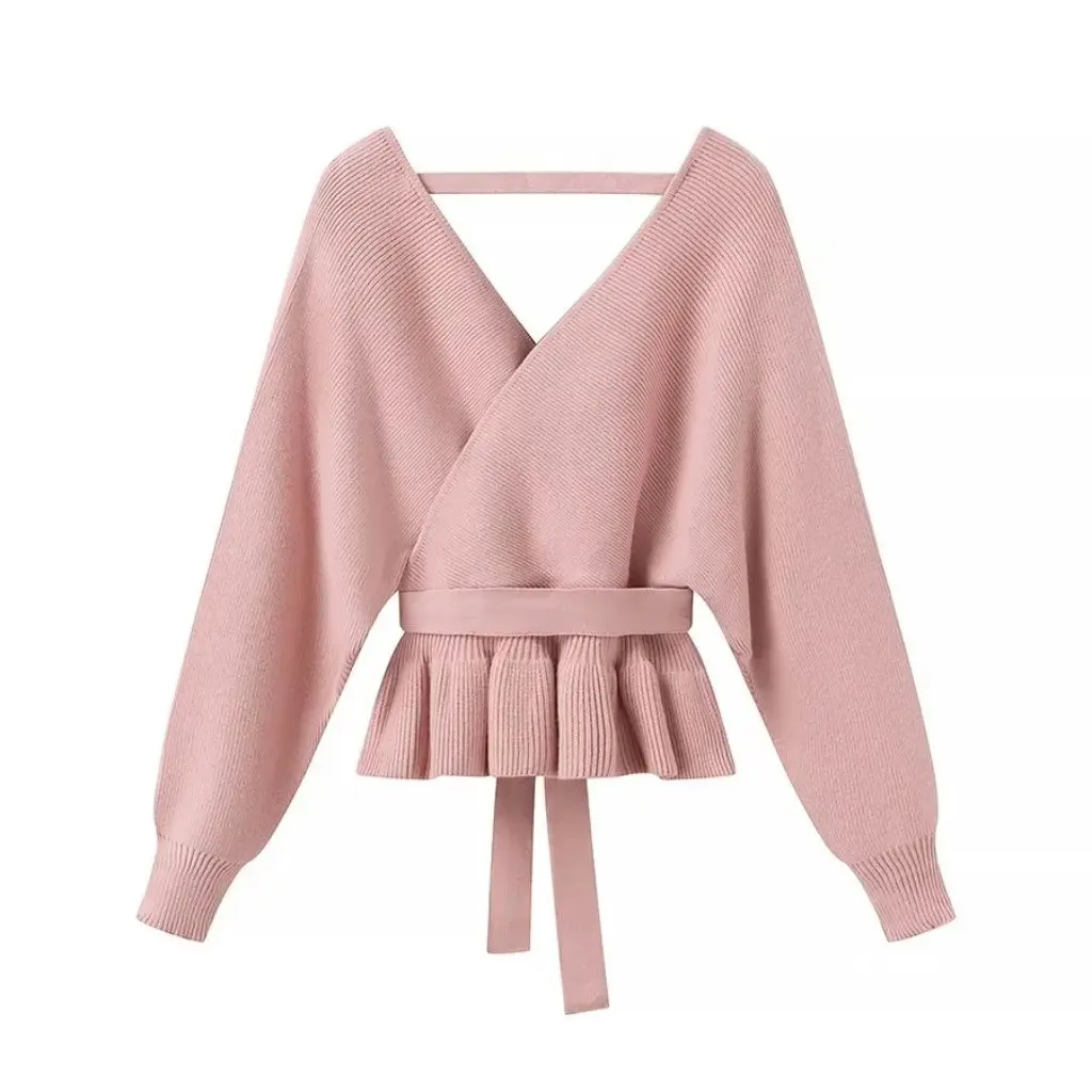 

Women's European American Style V-Neck Cross Lace Sweater Autumn Winter Fashion Front And Back V Collar Design Wholesale