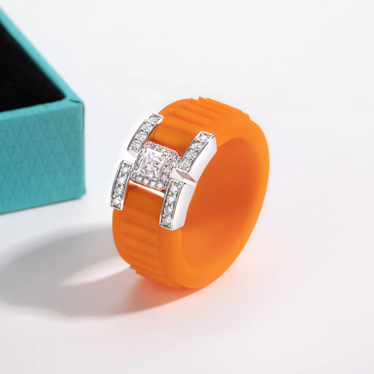AnuJewel 3.5x3.5mm Asscher Moissanite Inlaid Silicone Ring 925 Sterling Silver Rubber Comfort Fit Wedding Ring for Women Men