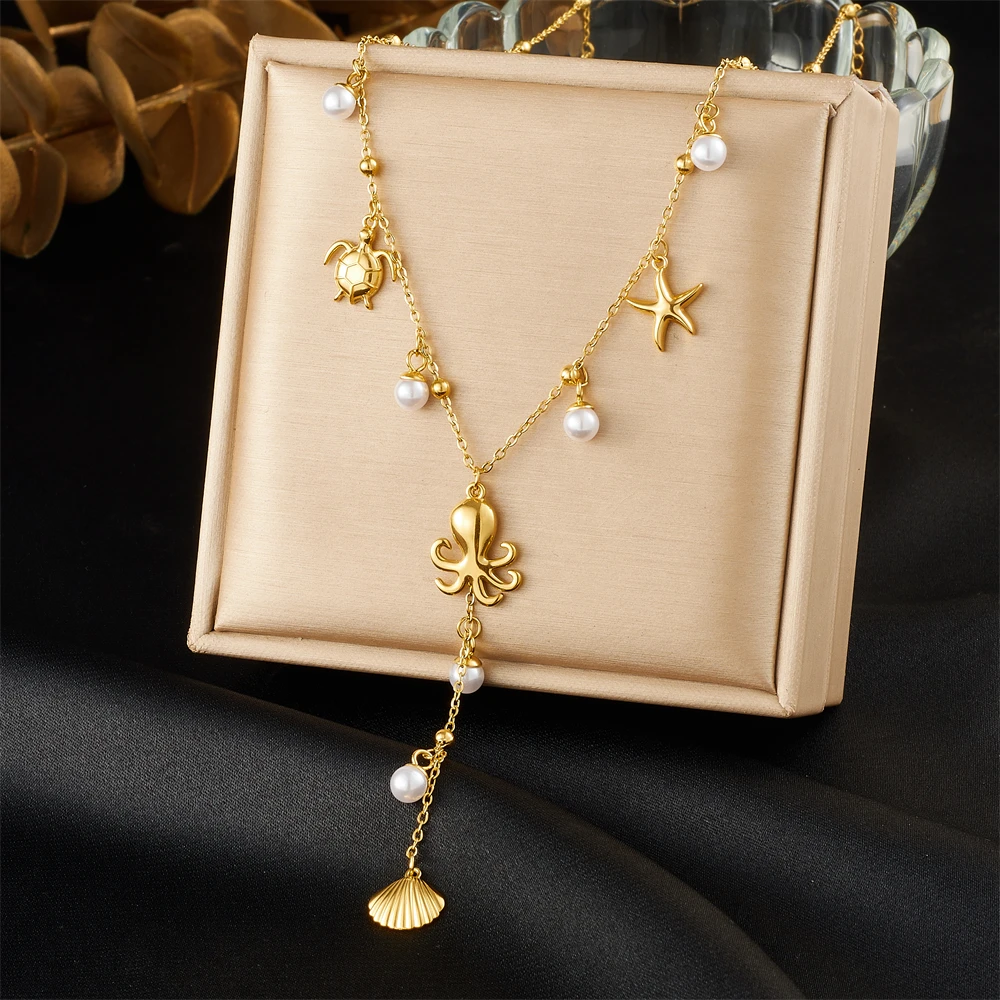 MEYRROYU 316L Stainless Steel Golden Octopus Turtle Starfish Pearl Tassel Pendant Necklace Lady Waterproof Neck Chain Jewelry