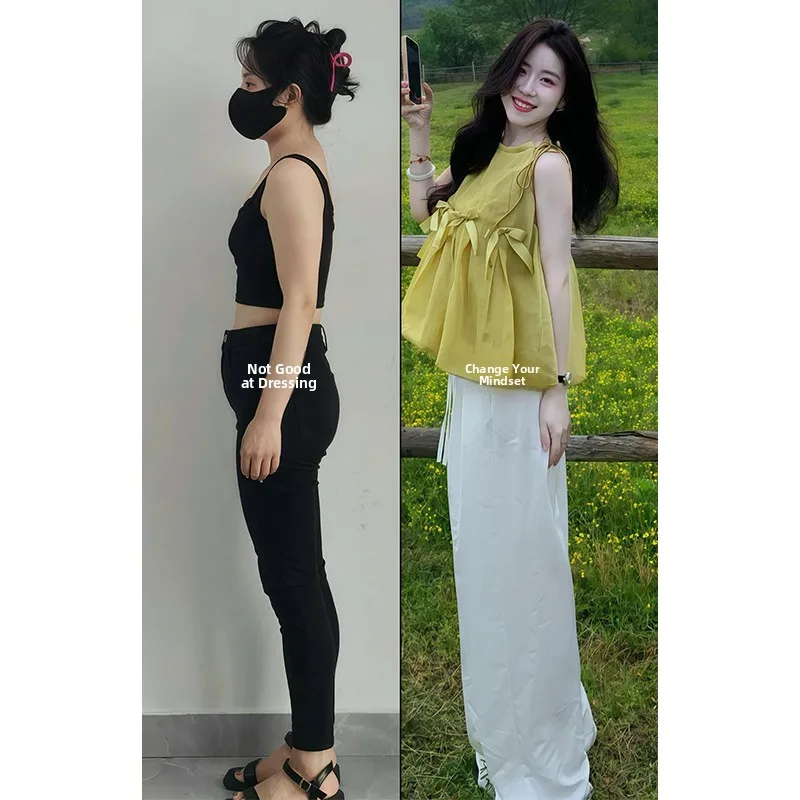 Conjunto de Moda Juvenil para Mujer, Blusa con Diseño Único de Nudo de Mariposa en Amarillo y Verde, Pantalones Casuales, Cue...