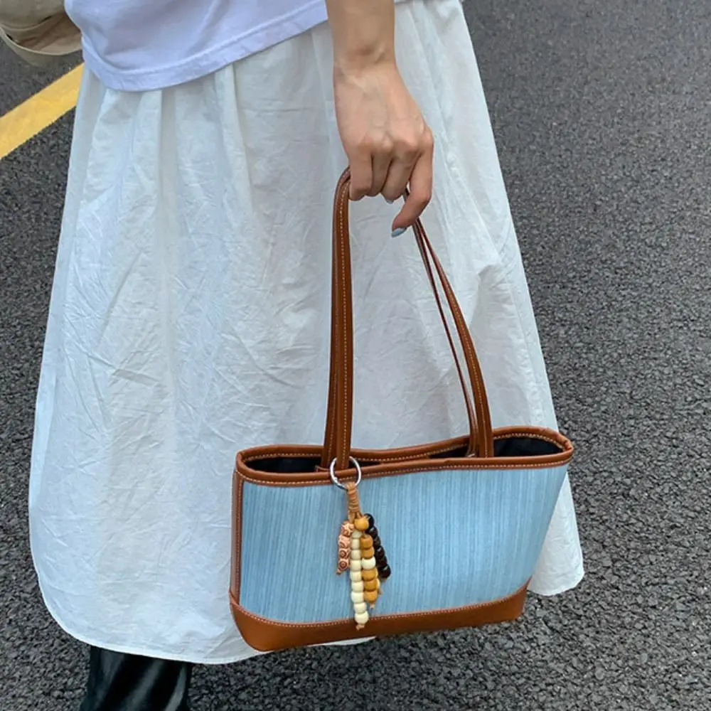 

Large Capacity Denim Splicing Tote Bag Korean Style Handbag Simple Shoulder Bag Phone Bag Storage Bag Ins Square Tote Bag