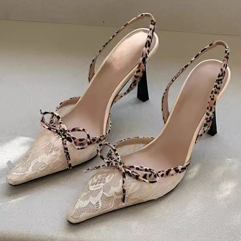 

Retro Lace Pointed Bow High-heeled Shoes For Women Summer 2025 New Leopard Print Slim Heeled Sandals