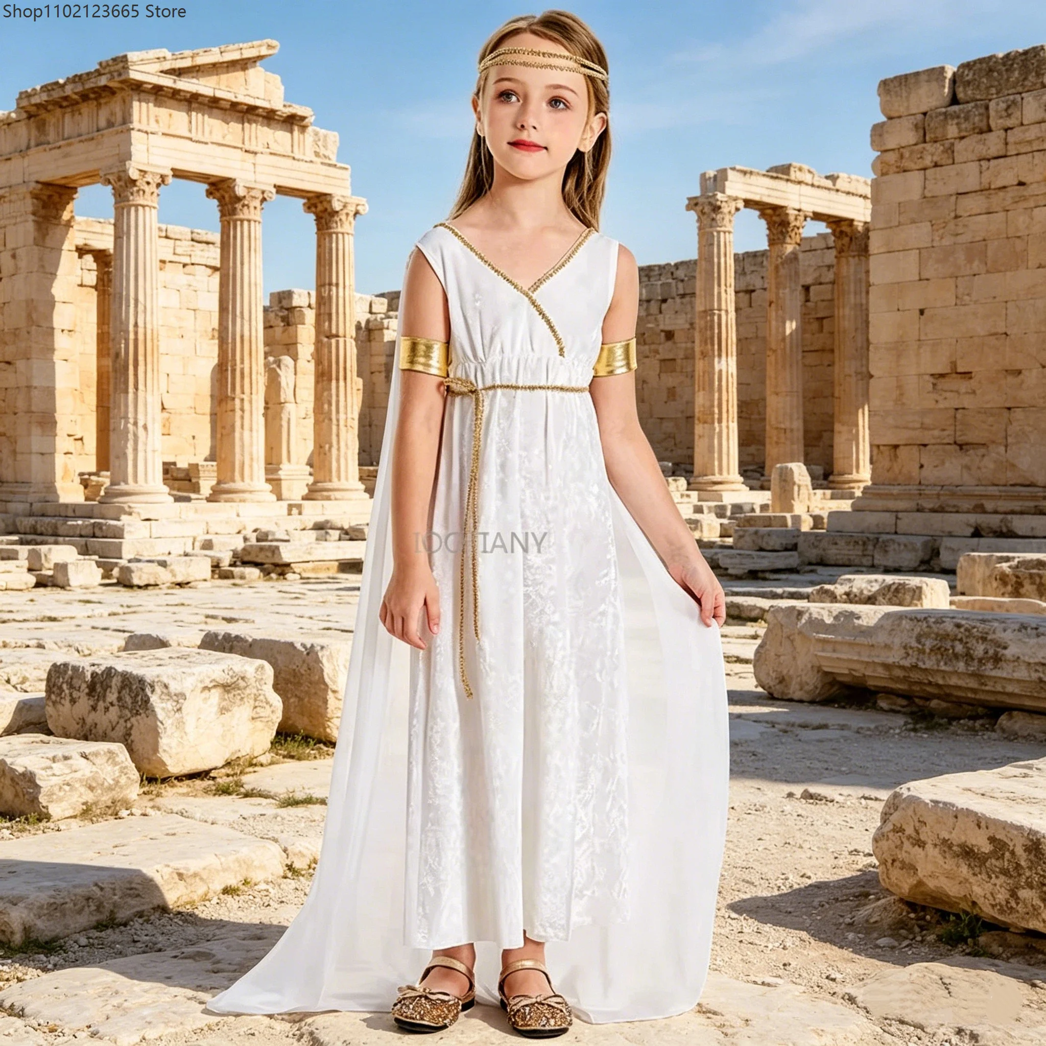

AA1 Roman Grecian Athena Cosplay Costume Enfant Ancient Greek Goddess White Court Shawl Long Dresses Carnival Party Fancy Gown