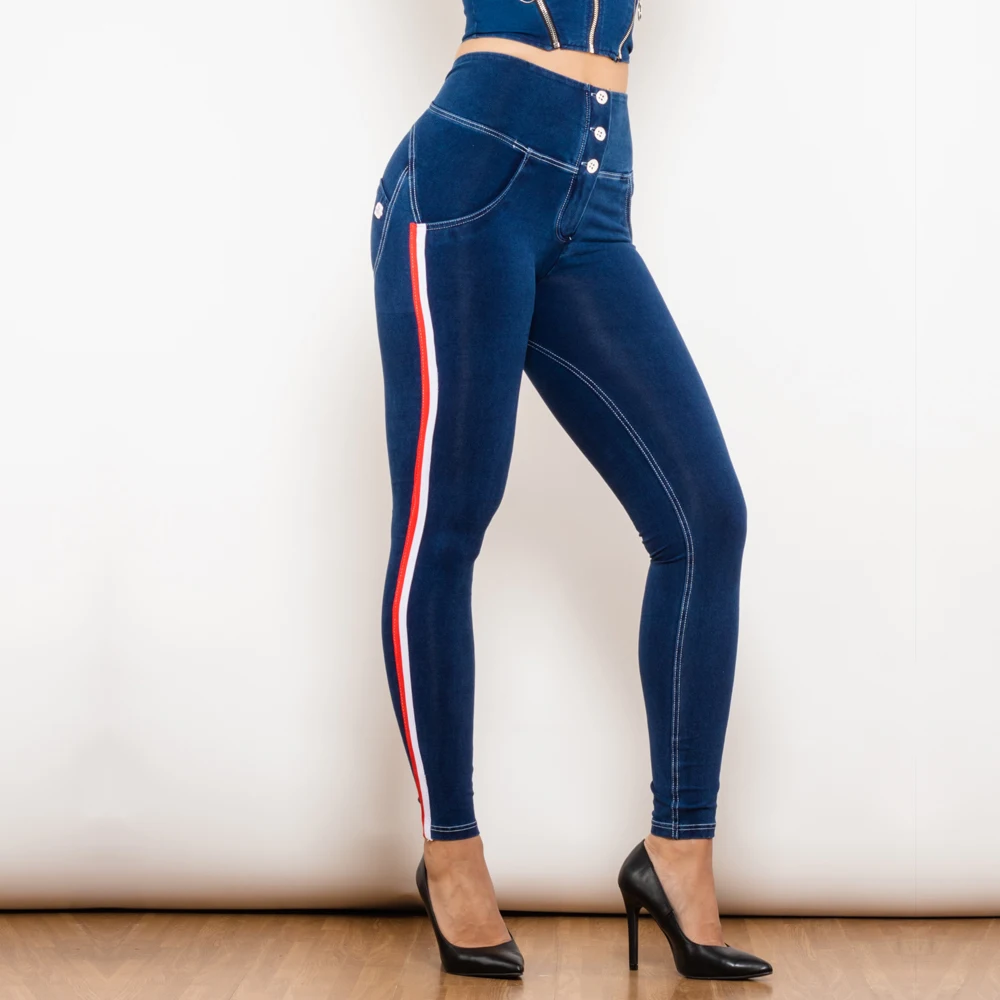 

Shascullfites Melody Scrunch Bum Dark Blue Striped Lift Jeggings Buttons Up Tapered High Waist Tight Yoga Leggings