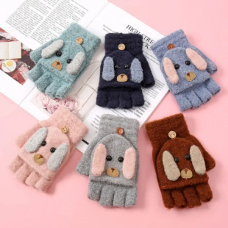 Winter Children Fashion Cute Solid Color Boys and Girls Warm Thick Comfortable Flip Half Finger Gloves