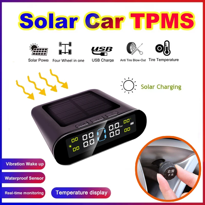 

Solar & USB Car Tire Pressure Monitoring System Solar Power Intelligent TPMS 4Wheel External Wireless Car Tire Pressure Monitor