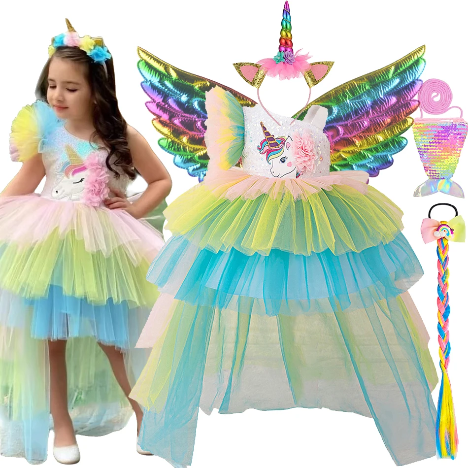 1-4 Yrs Girls Unicorn Dress Children Unicorn Birthday Party Layered Dress With Long Tulle Tails Little Kid Rainbow Princess Sets