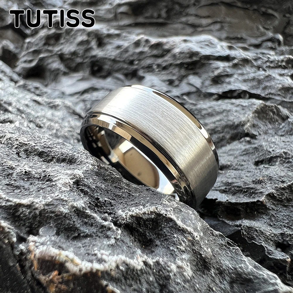 TUTISS 10MM Classic Men Ring Women Tungsten Wedding Band Stepped Beveled Brushed Finish Comfort Fit Size 7-15