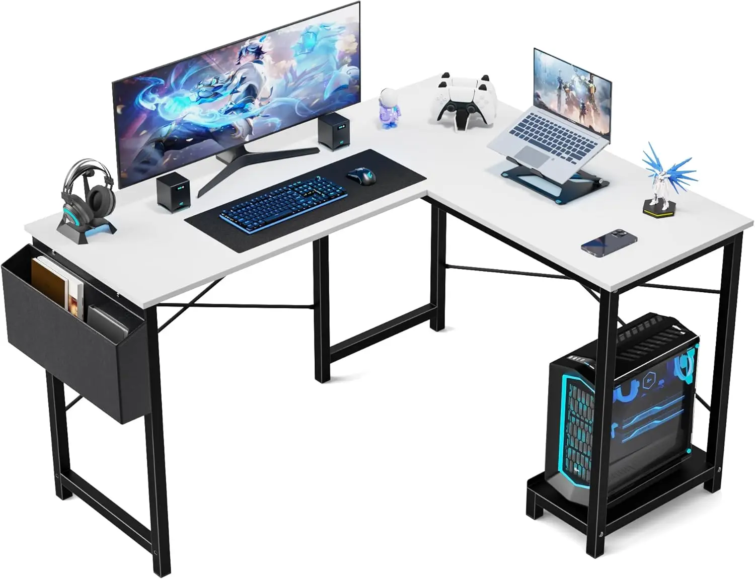 

L Shaped Computer Desk Wood Corner Pc Gaming Table With Side Storage Bag For Home Office Small Spaces,White