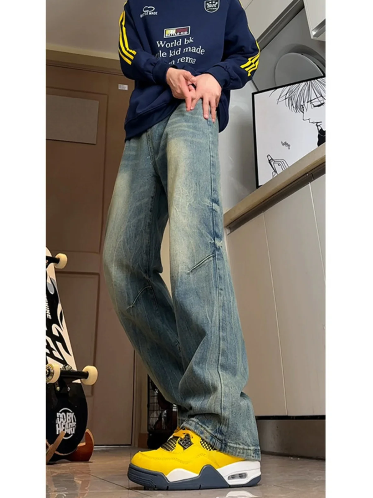 

Retro American Waed Blue Men's Jeans Lightning Pattern Design Slim Straight Knife Pants Youth Trendy Loose Straight Tube