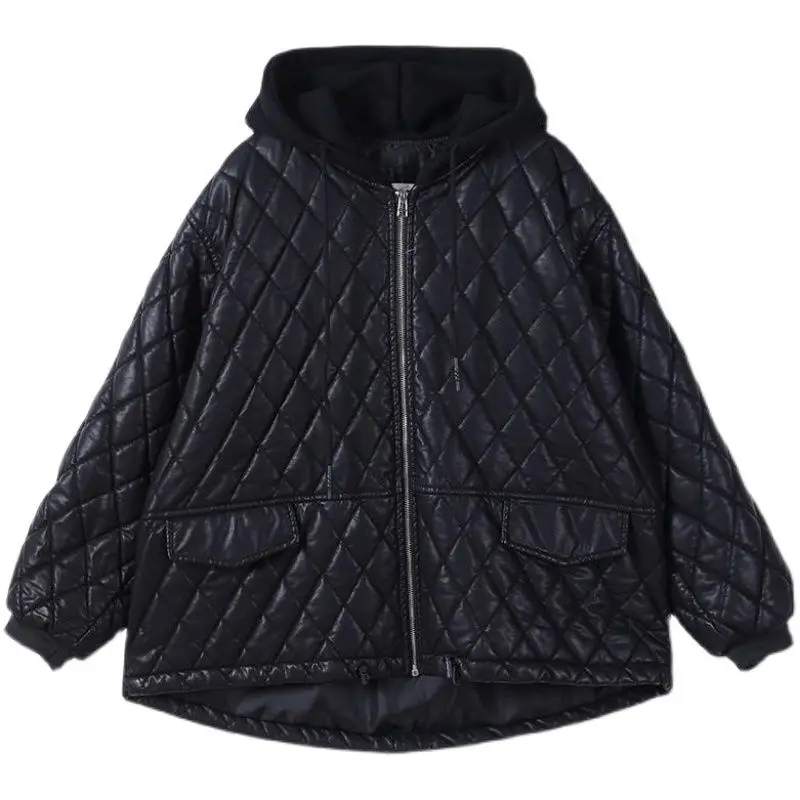 

Autumn Winter New Fashion PU Leather Jacket Women Korean Casual Hooded Zipper Warm Cotton-Padded Clothes Female Outerwear B1318